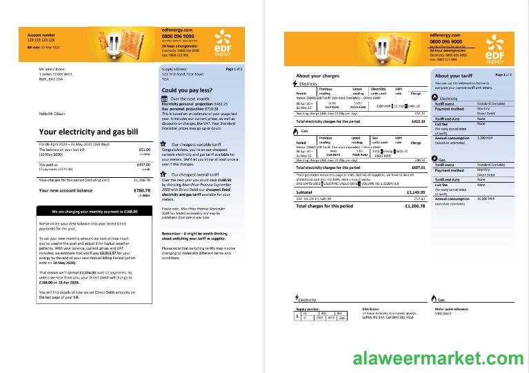 United Kingdom EDF utility bill template in Word and PDF format (3 pages) 1 2